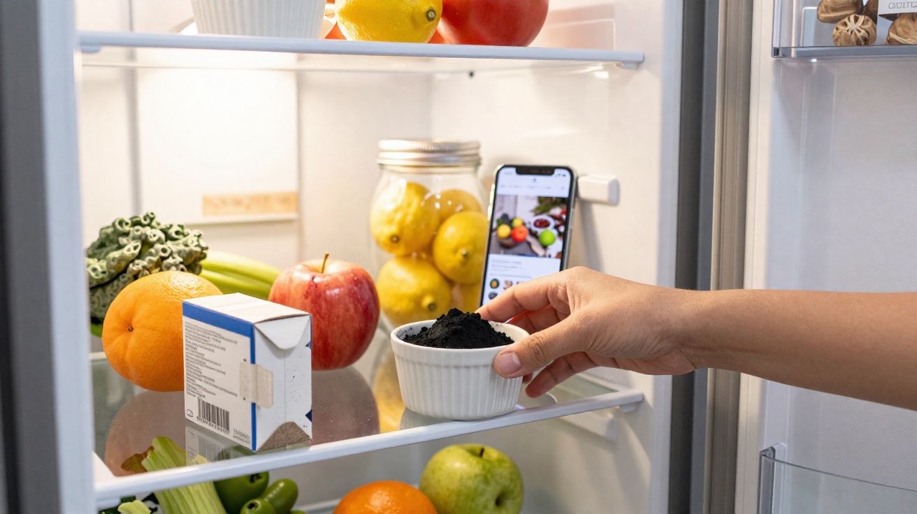 Mão pegando potinho com pó preto na geladeira com frutas, legumes, celular e frascos.