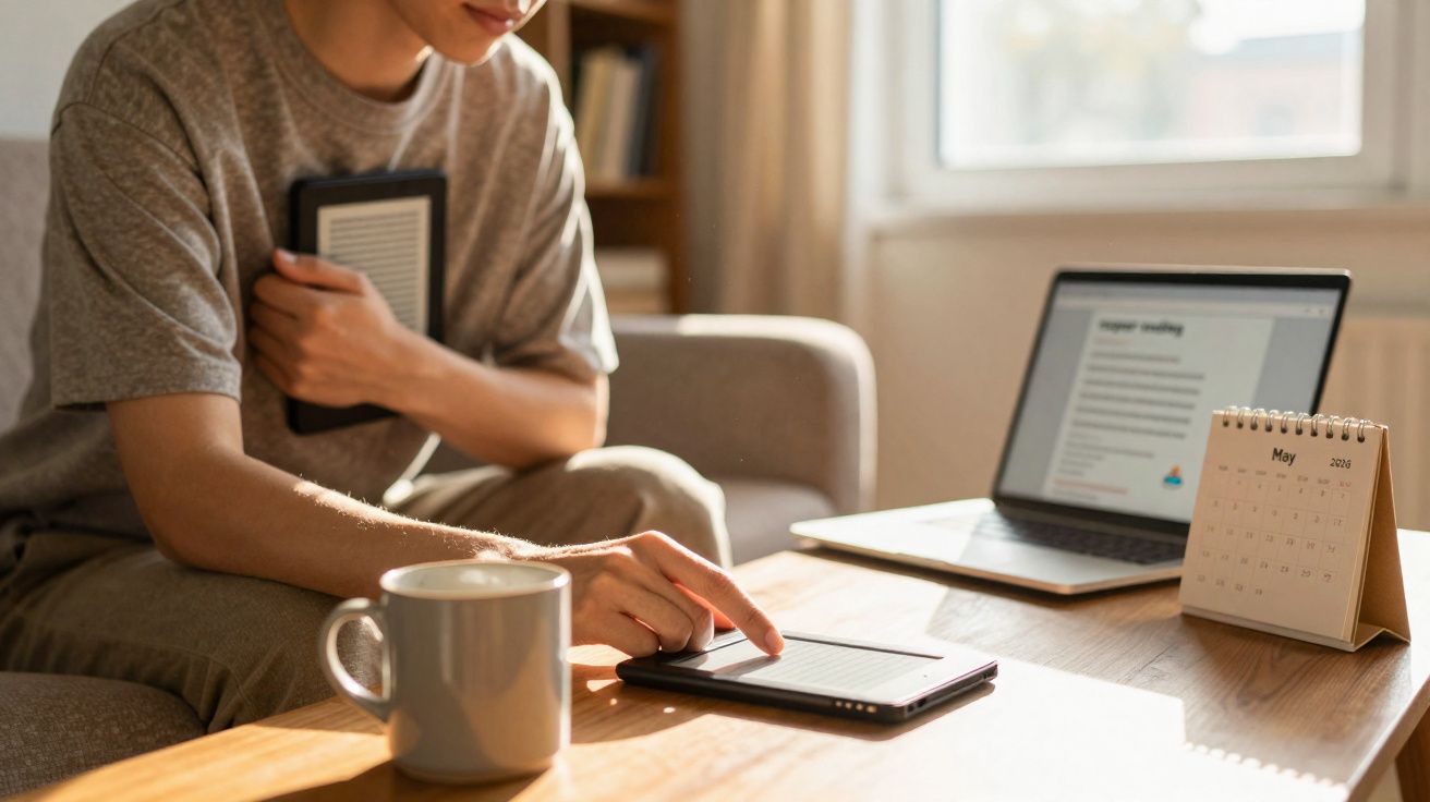 Pessoa sentada em sala com tablet, e-reader, laptop, calendário de mesa e caneca sobre a mesa iluminada.