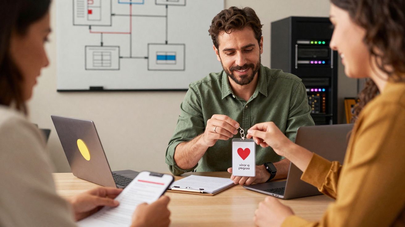 Homem entrega crachá com coração e frase "vire a página" para mulher durante reunião em escritório.