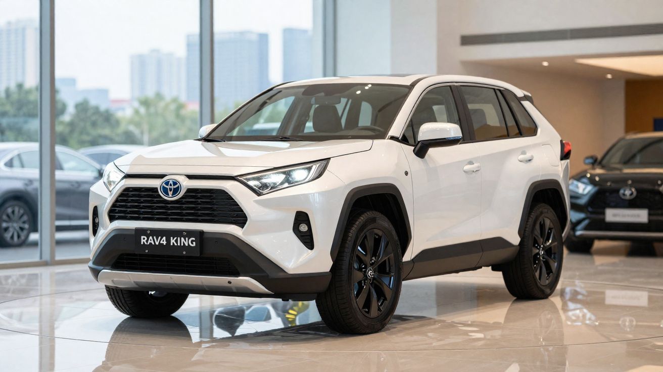 Carro branco Toyota RAV4 King exibido em showroom moderno com piso brilhante.