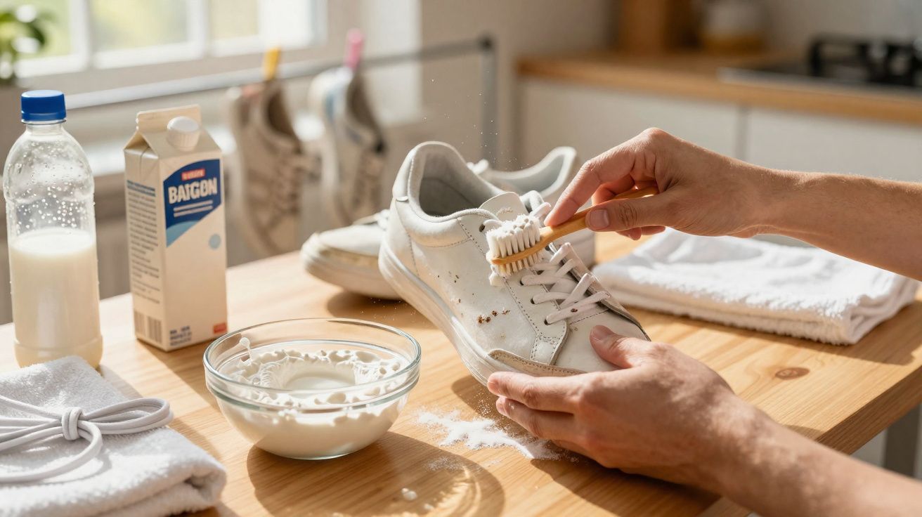 Pessoa limpando tênis branco com escova, creme branco e produtos sobre mesa de madeira em ambiente iluminado.