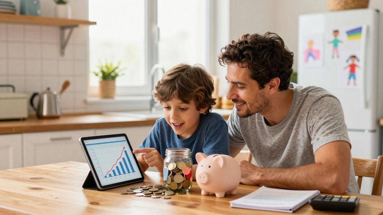 Pai e filho observam gráfico de crescimento em tablet, ao lado de cofrinho, moedas e caderno na cozinha.