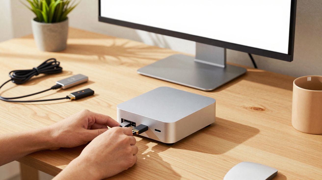 Mãos conectando cabo em mini computador prateado sobre mesa com monitor, mouse, caneca e planta.