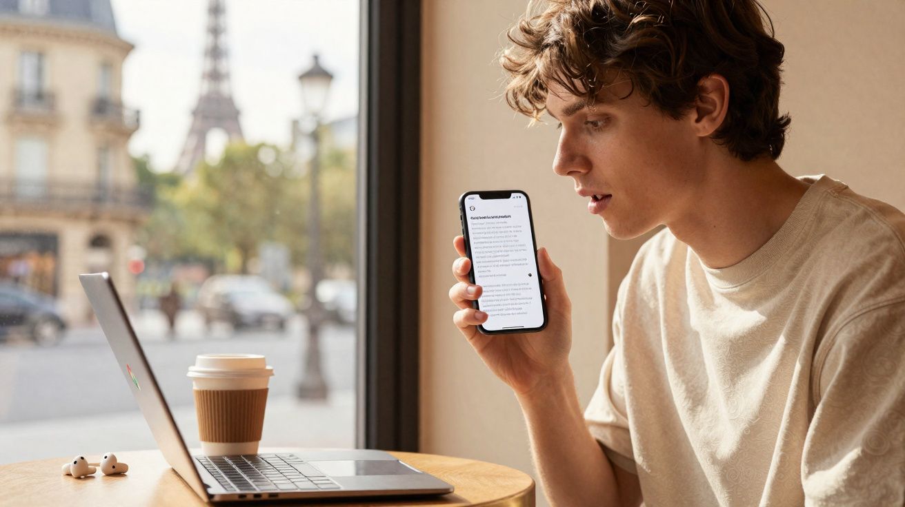 Jovem sentado em cafeteria segura smartphone e olha para tela de laptop com a Torre Eiffel ao fundo.