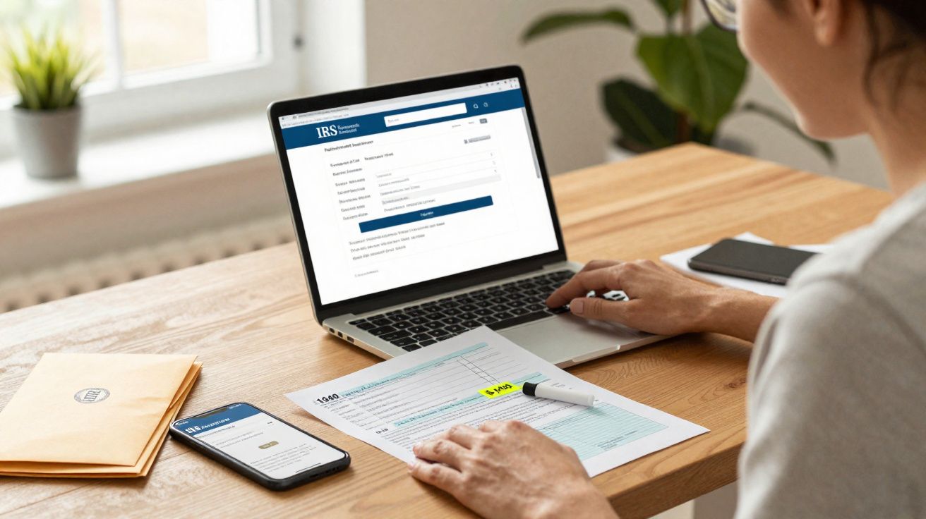 Pessoa preenchendo formulário do IRS no laptop com documentos e celular na mesa de madeira.