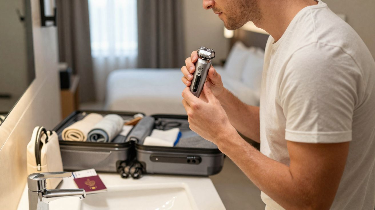 Homem em quarto de hotel segurando barbeador elétrico próximo a mala aberta com roupas e toalhas.