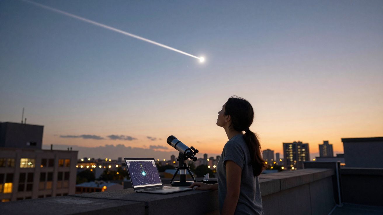 Mulher observa com telescópio e laptop um cometa brilhante no céu ao anoitecer em terraço urbano.