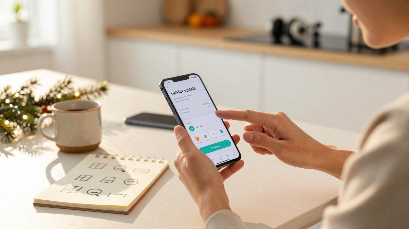 Pessoa usando celular com aplicativo de planejamento em mesa com caderno, caneca e decoração natalina.