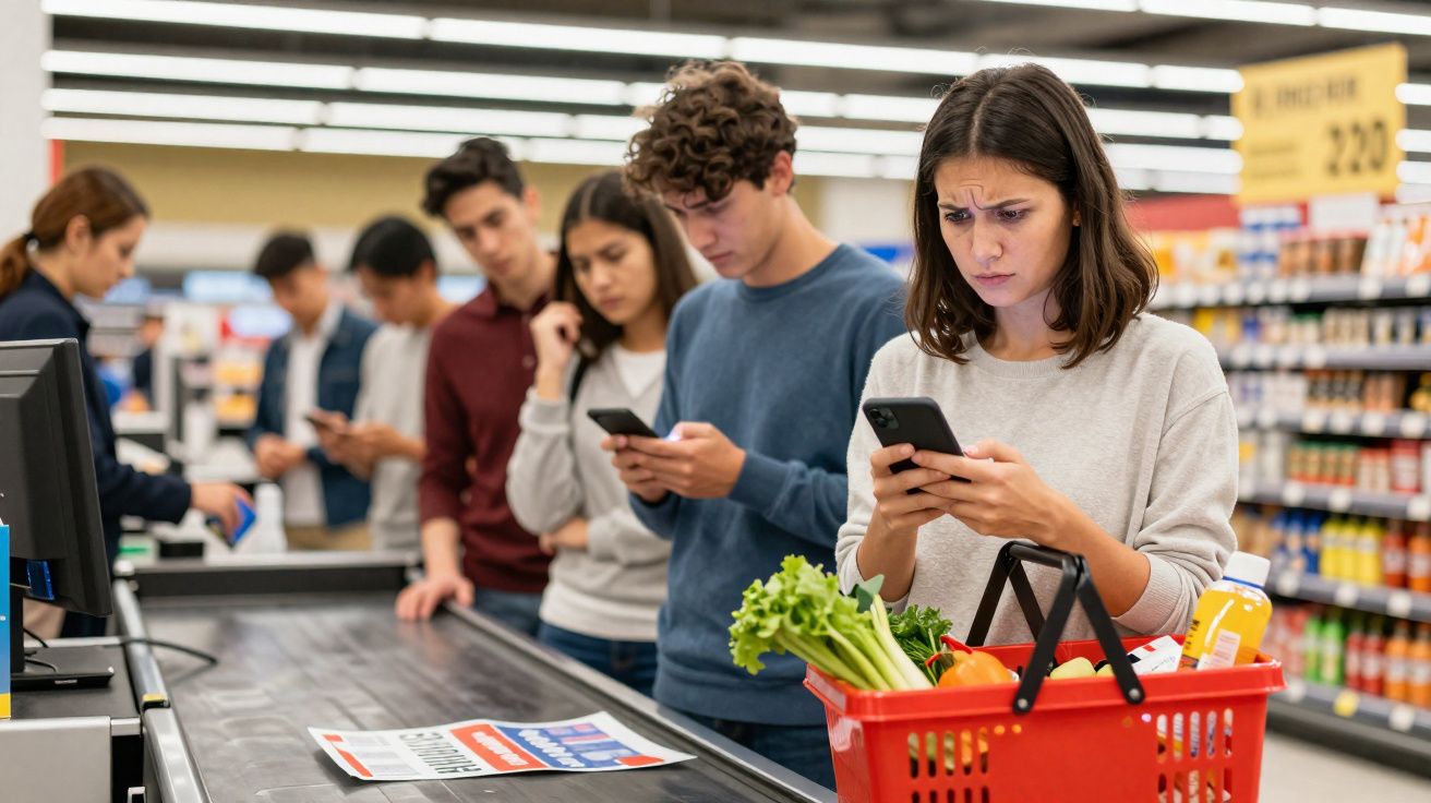 Fila em supermercado com clientes usando celulares e cesta com verduras no carrinho.