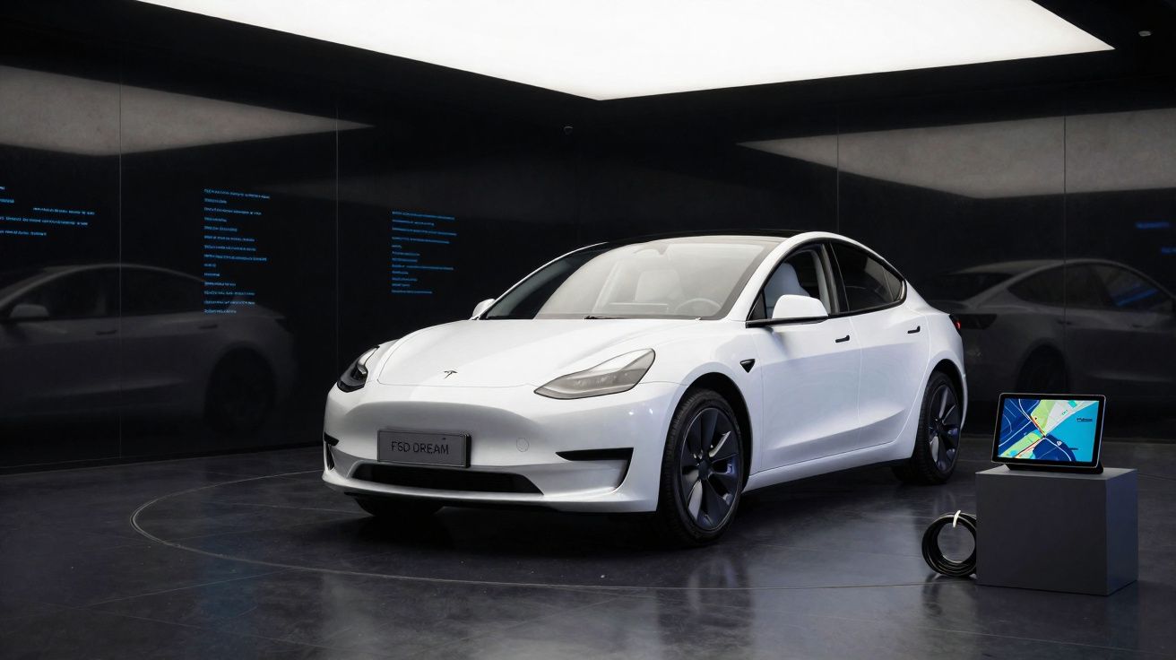 Carro elétrico branco Tesla Model 3 estacionado em ambiente escuro, com tela digital ao lado exibindo mapa.