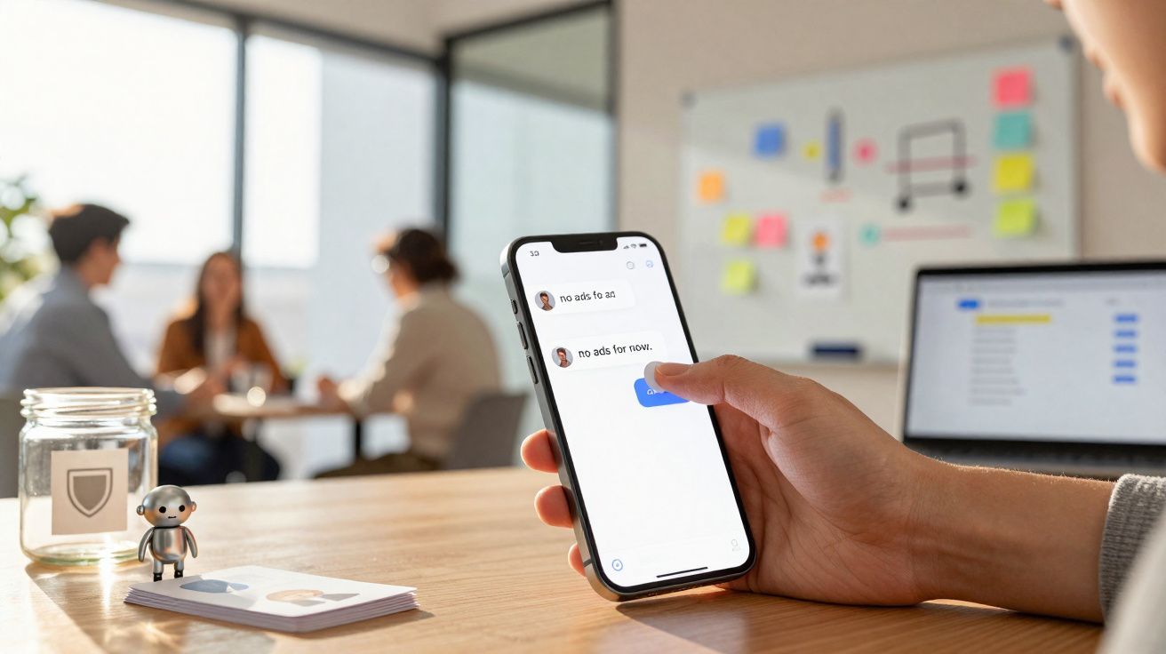 Pessoa segura celular com chat aberto em escritório moderno, com pessoas reunidas ao fundo e mesa com objetos.