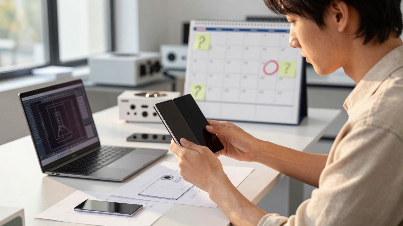 Pessoa trabalhando com celular, laptop aberto e planta na mesa em escritório moderno.