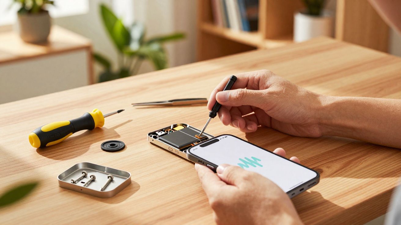 Pessoa desmontando um smartphone em uma mesa de madeira com ferramentas e parafusos.