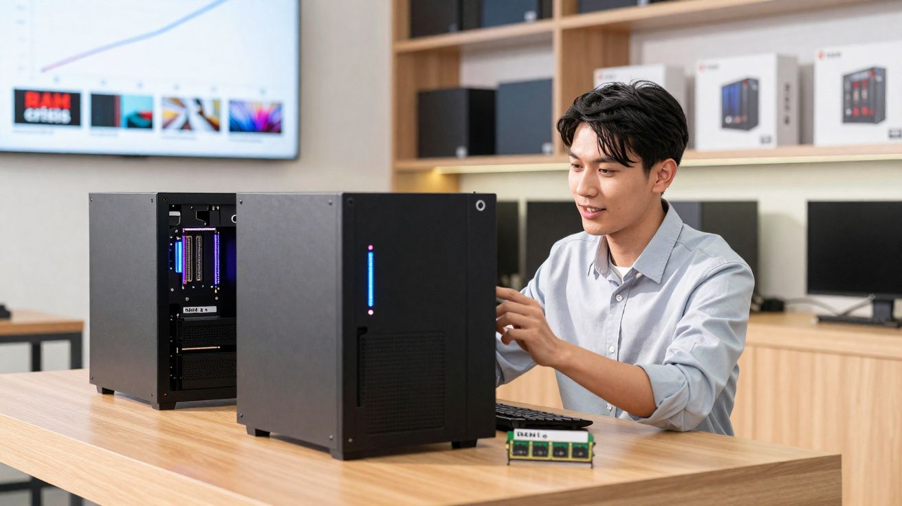 Jovem montando computador com gabinetes pretos em mesa de madeira em ambiente moderno e organizado.