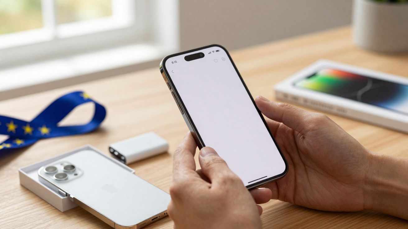 Pessoa segurando smartphone com tela branca, com outro celular, caixa e acessórios sobre mesa de madeira.