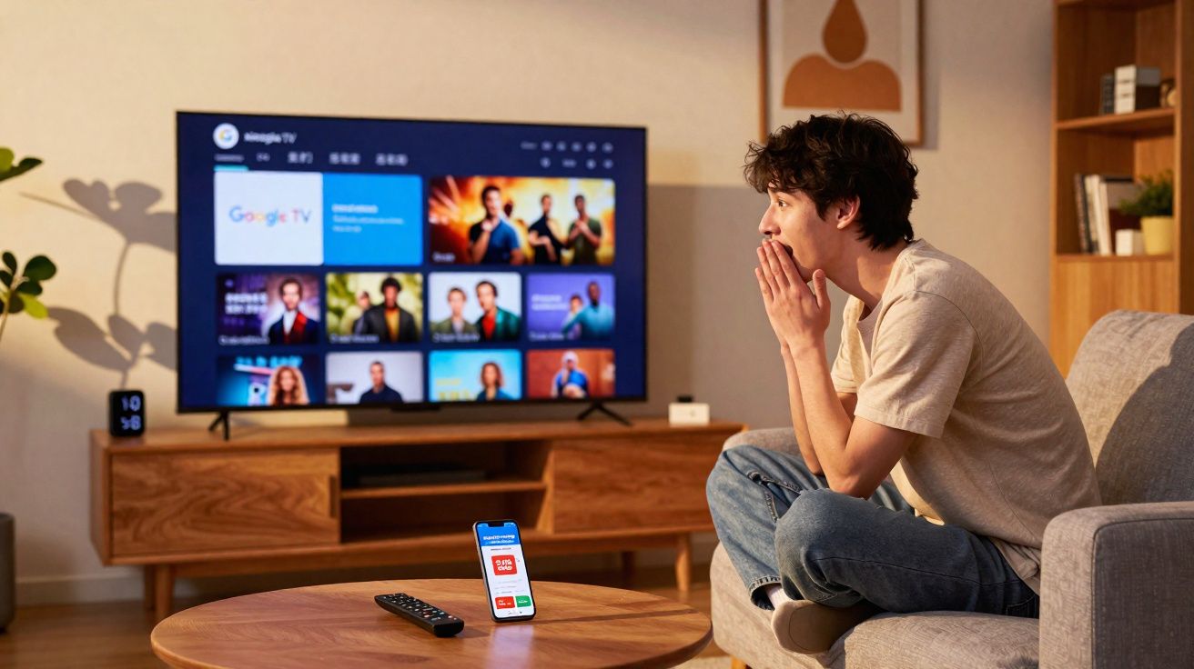 Homem sentado no sofá assistindo TV com telecomando na mesa e smartphone em destaque na sala.