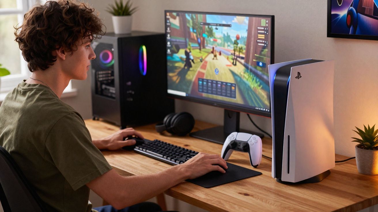 Jovem jogando jogo de aventura em computador com console PlayStation 5 e controle na mesa ao lado.