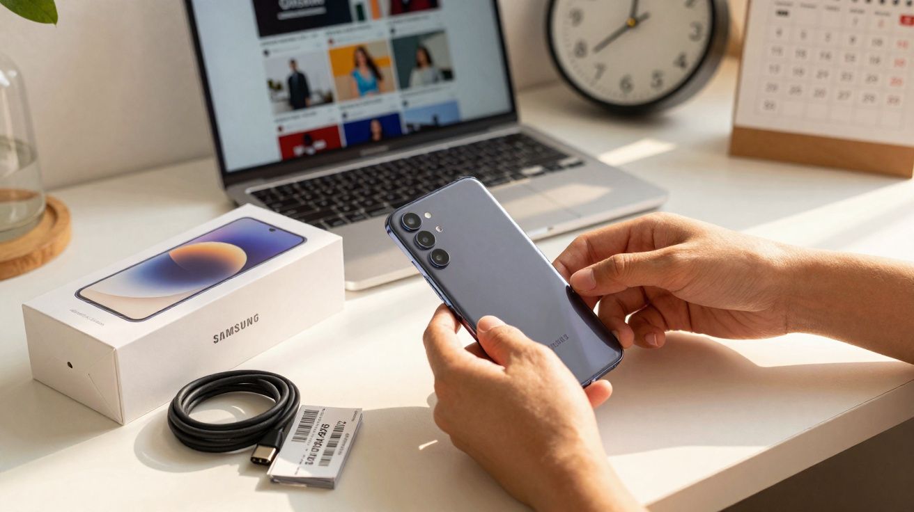 Pessoa segurando smartphone Samsung cinza, com caixa, cabo e laptop ao fundo em mesa iluminada pela luz do dia.