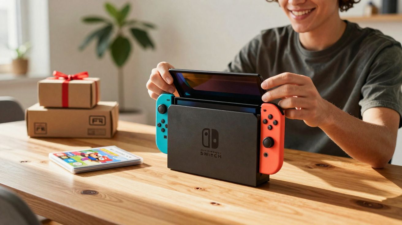 Pessoa sorridente preparando console Nintendo Switch em mesa de madeira com jogos e presentes ao fundo.