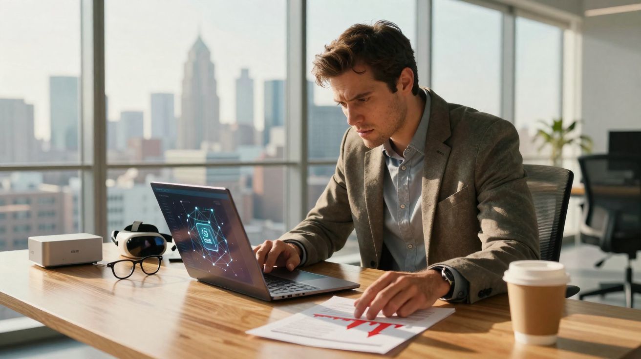 Jovem profissional analisando gráfico impresso e usando notebook em escritório com vista para a cidade.