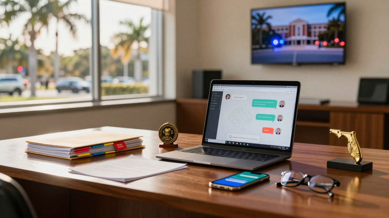 Mesa de escritório com laptop mostrando bate-papo, celular, óculos, documentos e objetos decorativos.