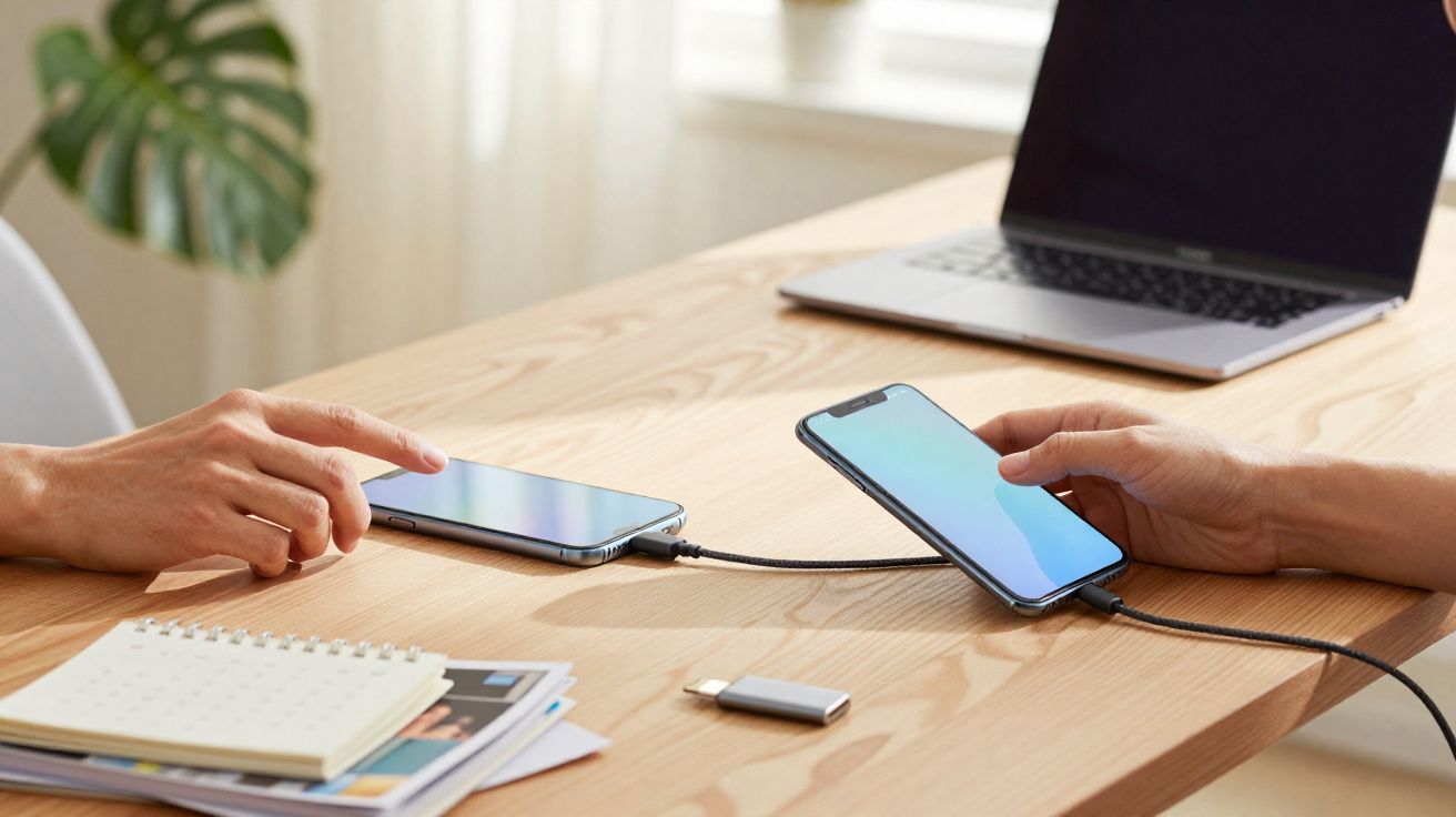 Duas mãos conectam e transferem dados entre dois celulares com cabo USB em mesa de madeira, próximo a notebook.