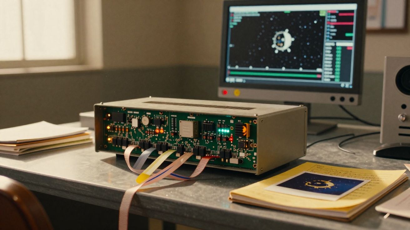 Equipamento eletrônico com circuitos e cabos em mesa de laboratório com computador ao fundo.