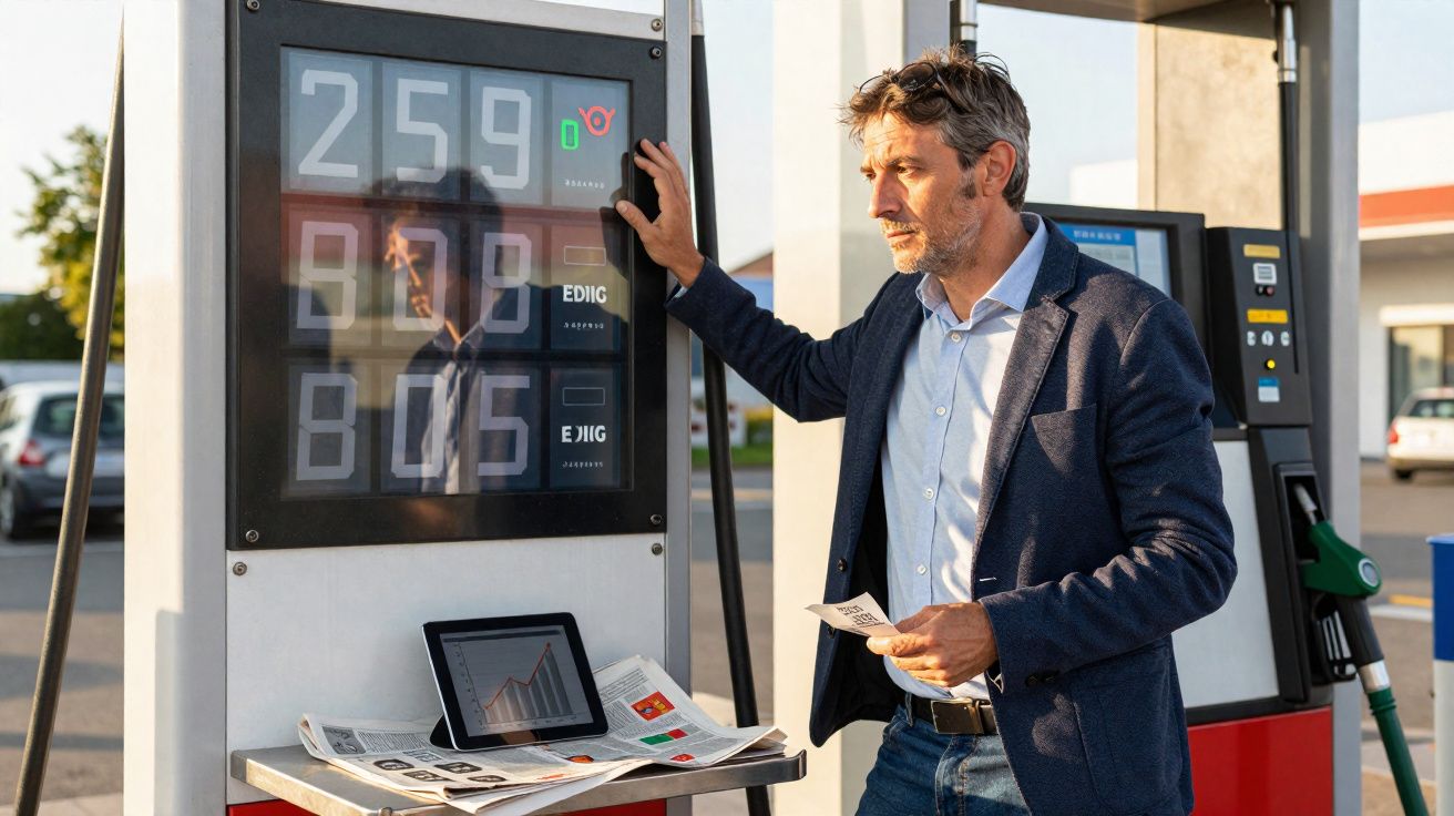 Homem de terno consulta preços em bomba de combustível em posto de gasolina durante o dia.