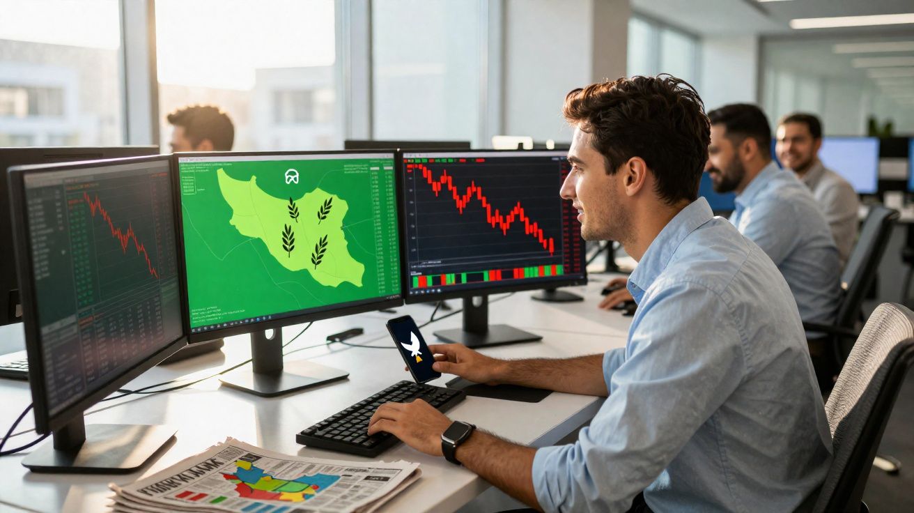 Homem trabalhando com gráficos financeiros em múltiplos monitores em escritório moderno.