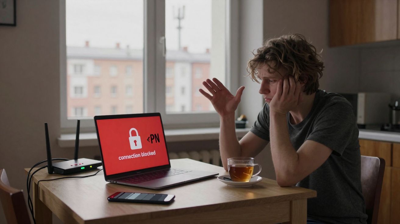 Homem frustrado em frente a laptop com aviso de conexão bloqueada e xícara de chá ao lado.