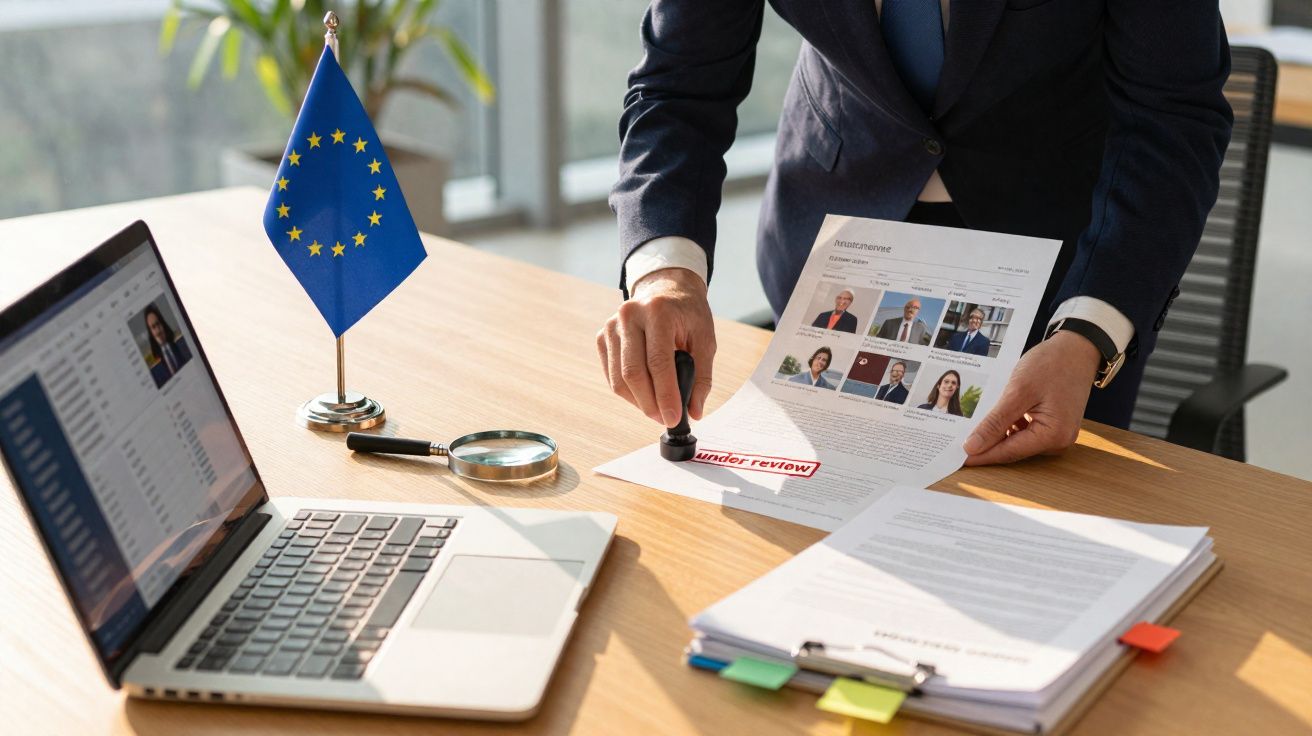 Pessoa carimbando documento com texto "under review" em mesa com laptop, lupa e bandeira da União Europeia.