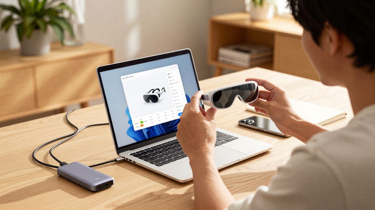 Pessoa segurando óculos de realidade virtual, com laptop e carregador portátil sobre mesa de madeira.