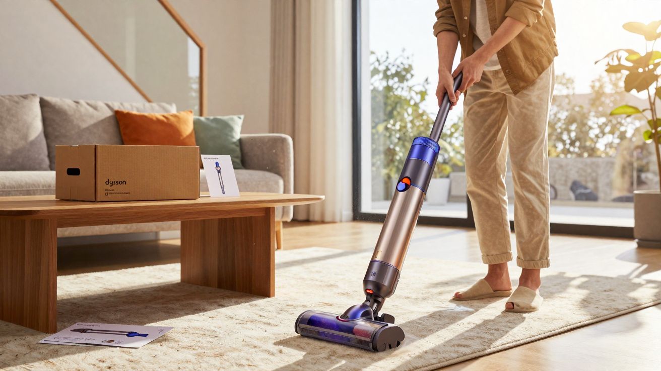 Pessoa usando aspirador de pó sem fio para limpar tapete em sala iluminada com sofá e mesa de madeira.
