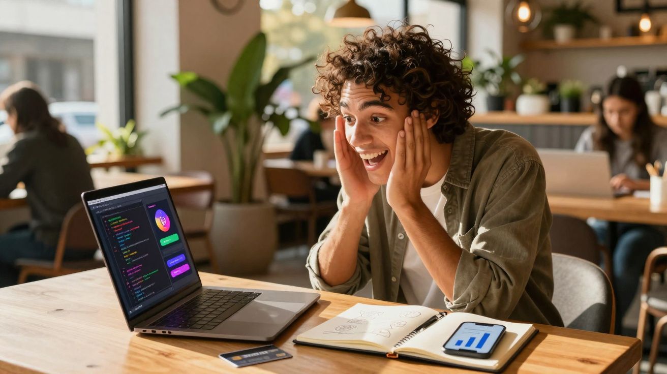 Jovem animado com mãos no rosto olhando para laptop numa mesa com caderno e celular em cafeteria.