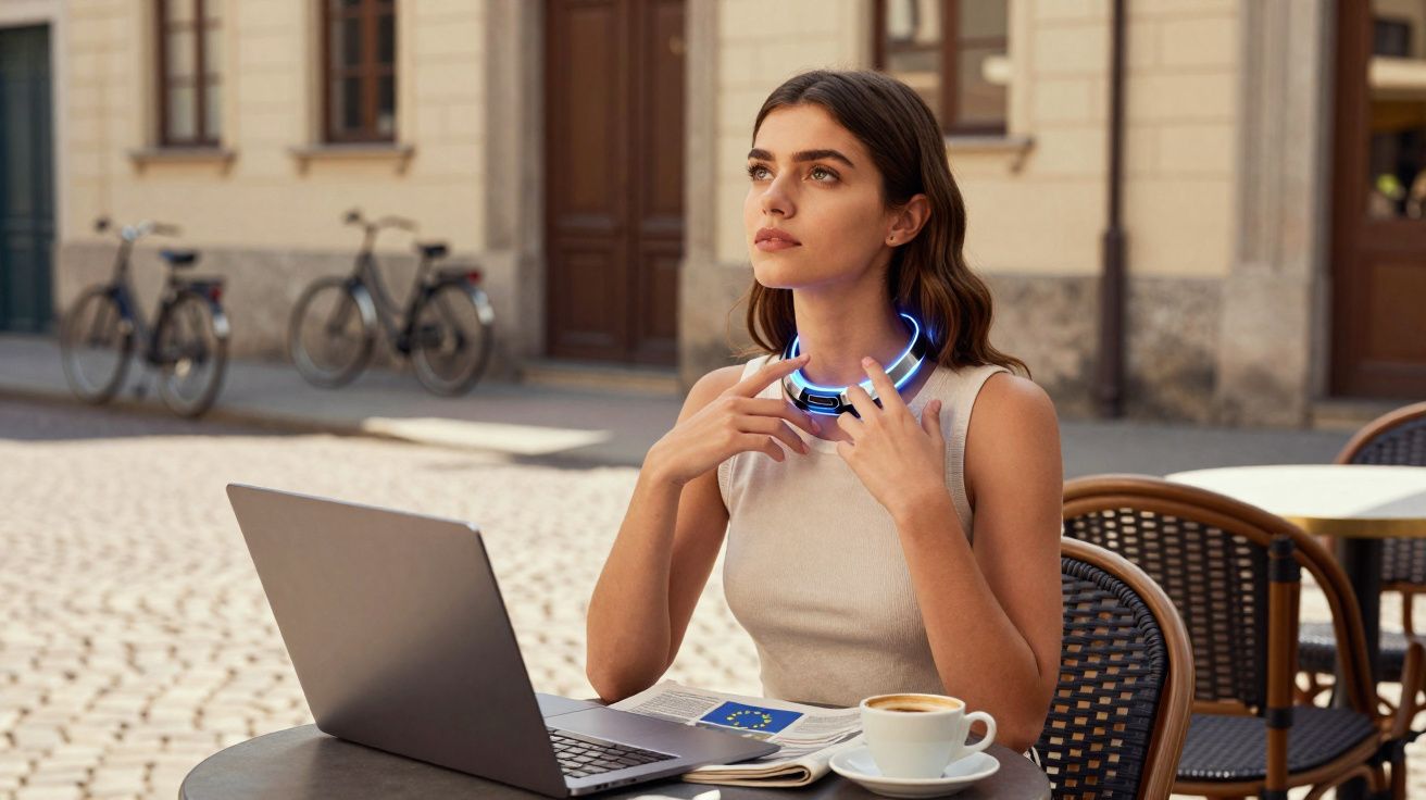 Mulher sentada em café ao ar livre com laptop, jornal e xícara de café, olhando para o alto usando fones de ouvido.