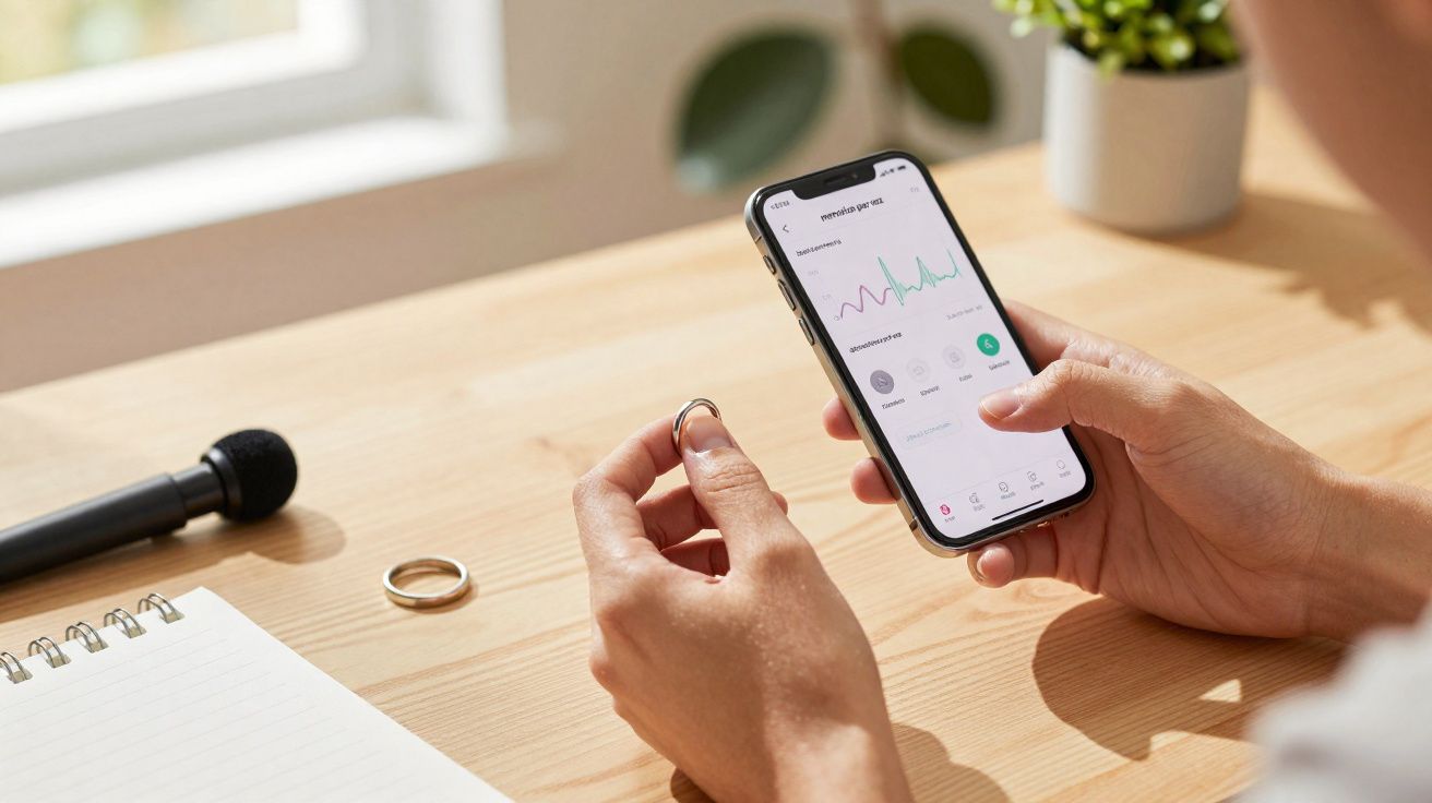 Pessoa segurando um anel e um celular com gráficos exibidos, ao lado de microfone, caderno e planta sobre mesa de madeira.