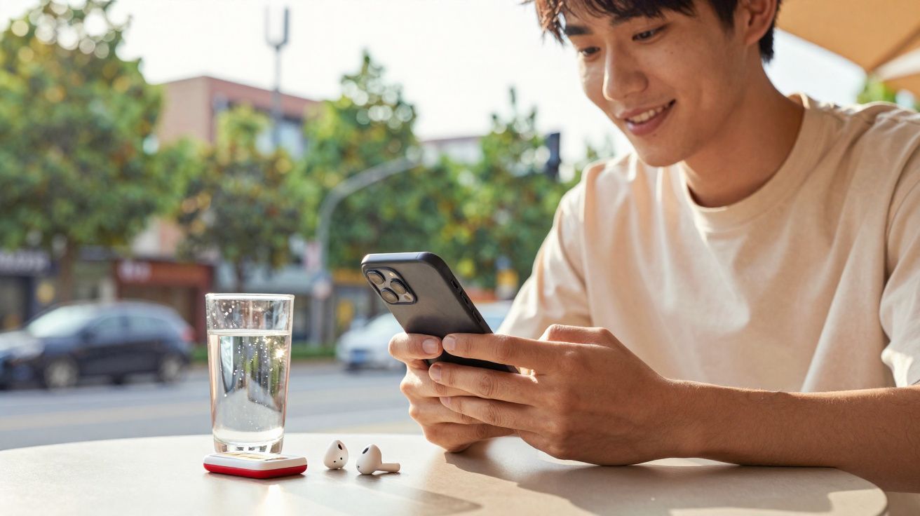 Jovem sorridente usando smartphone sentado em uma mesa ao ar livre com copo d'água e fones sem fio.