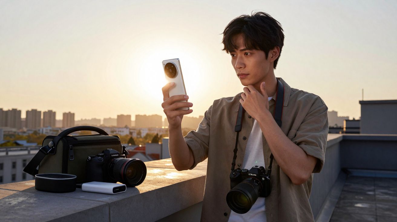 Homem tirando selfie com smartphone ao pôr do sol em um terraço com câmeras fotográficas ao redor.