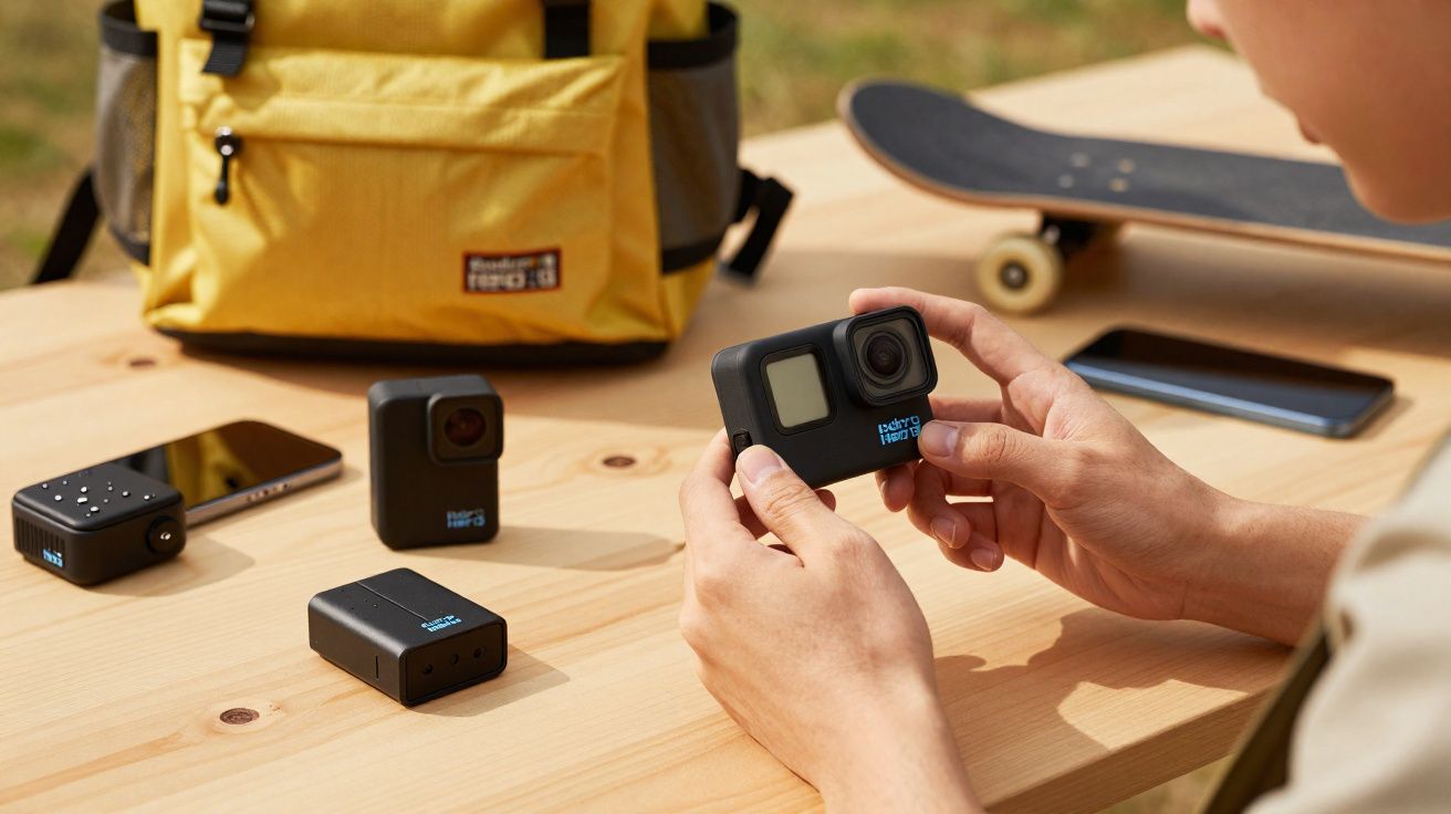 Pessoa segurando câmera GoPro Hero 11 Black com acessórios, celular, skate e mochila amarela sobre mesa de madeira.