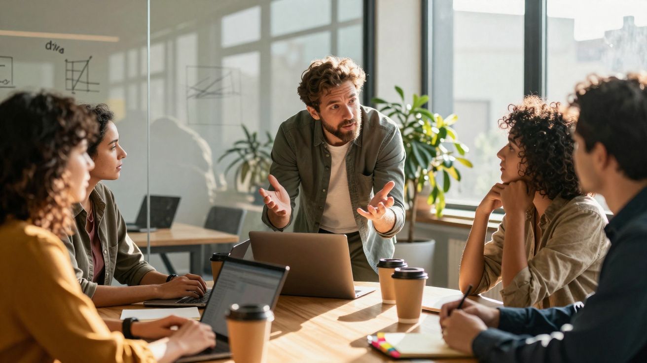 Equipe discutindo projeto em reunião de escritório com laptops e café em mesa iluminada pela luz natural.