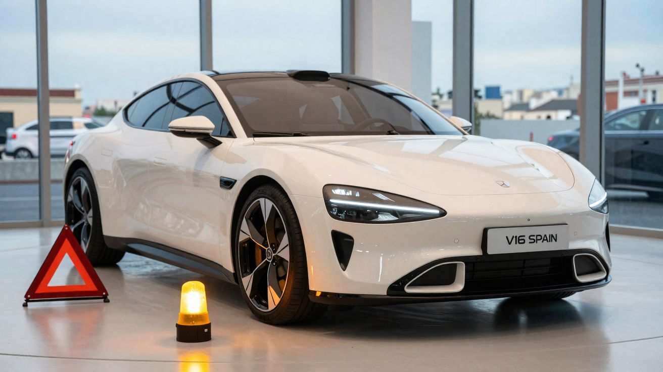 Carro esportivo branco V16 Spain em showroom, com triângulo de segurança e luz amarela no chão.