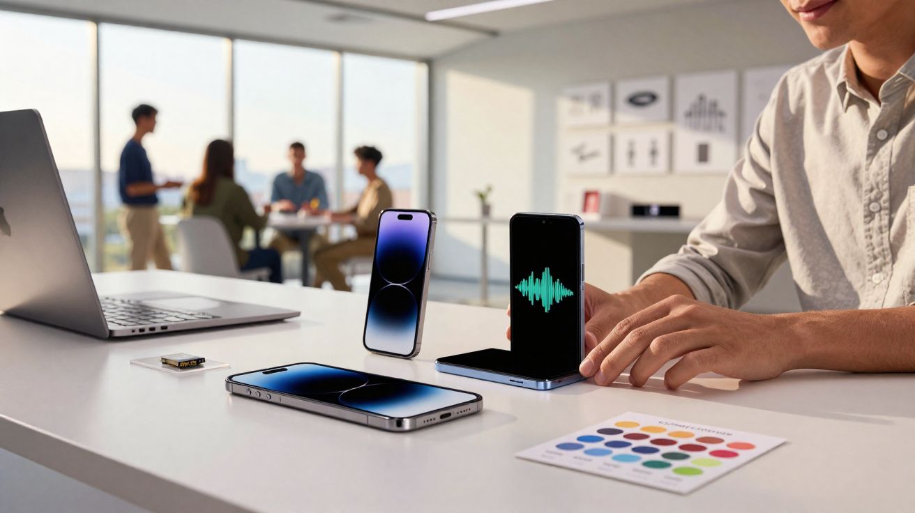 Pessoa interagindo com três smartphones e laptop sobre mesa em escritório moderno com grupo reunido ao fundo.