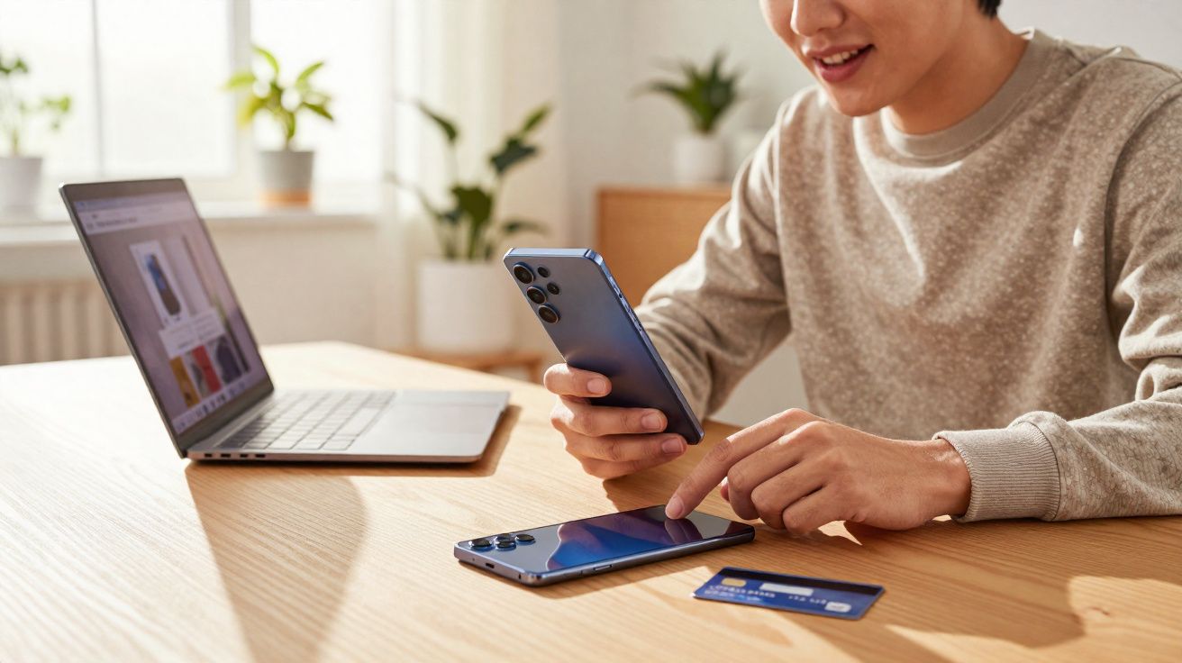 Pessoa usando dois celulares e um notebook em mesa com cartão de crédito ao lado, em ambiente iluminado.