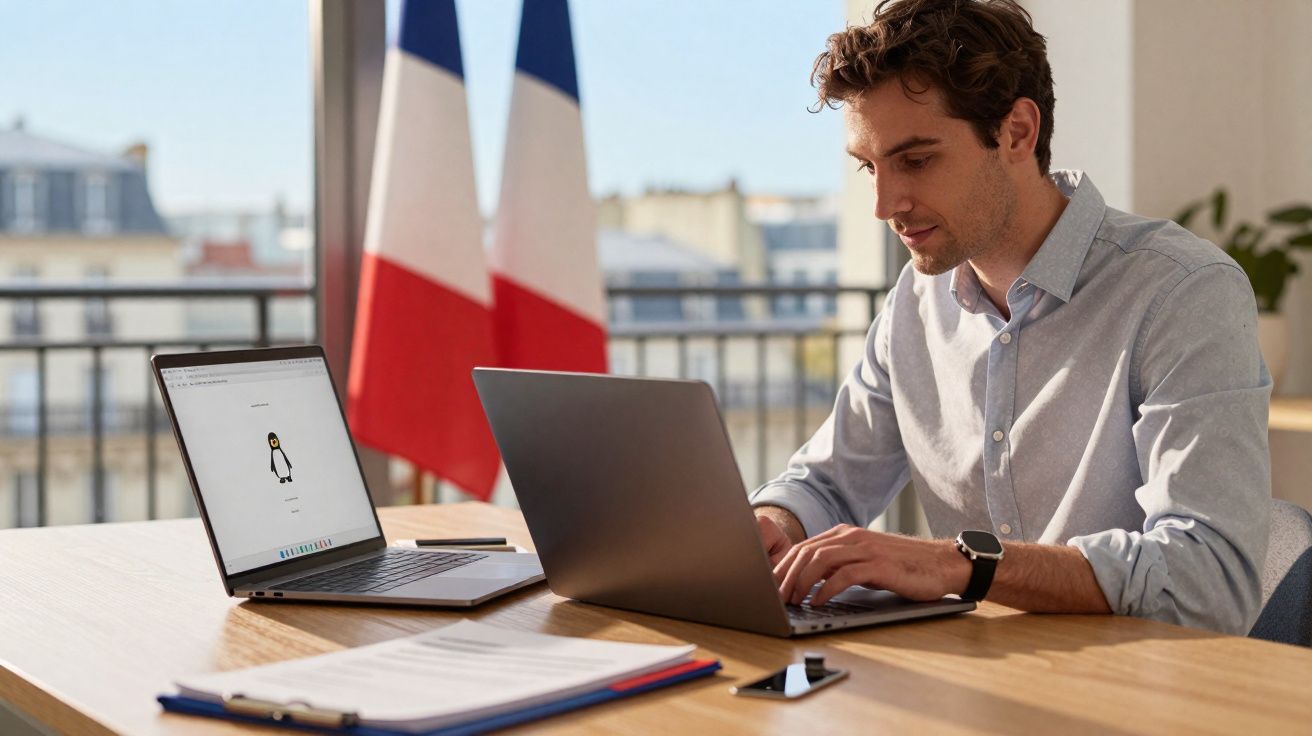 Jovem trabalhando em laptop com bandeiras da França ao fundo e outro notebook sobre a mesa.
