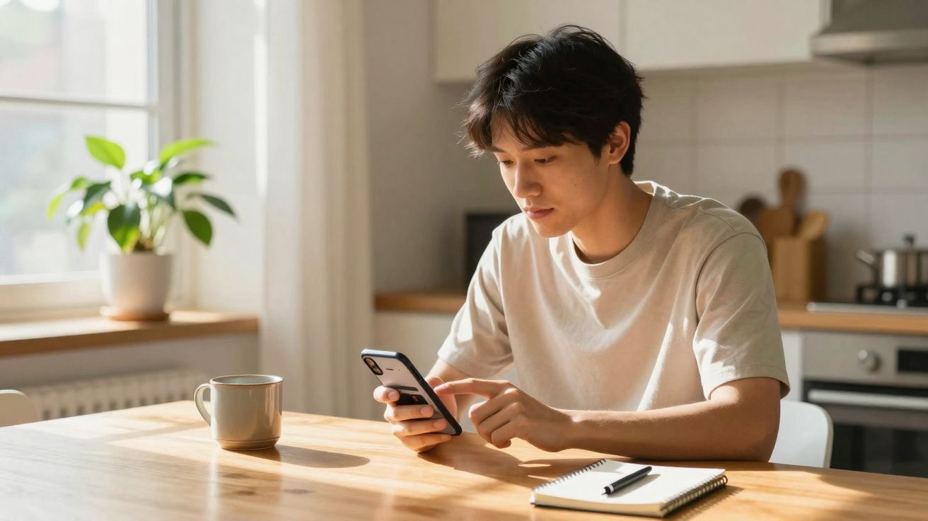 Jovem sentado à mesa da cozinha usando celular, com caderno e caneca na mesa iluminada pela luz natural.