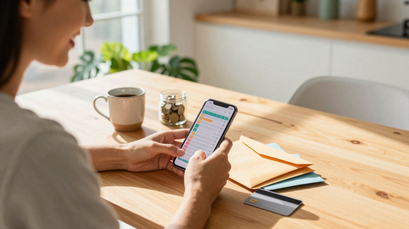Pessoa segurando celular com aplicativo financeiro, ao lado de xícara, jarro com moedas, envelopes e cartão de crédito.