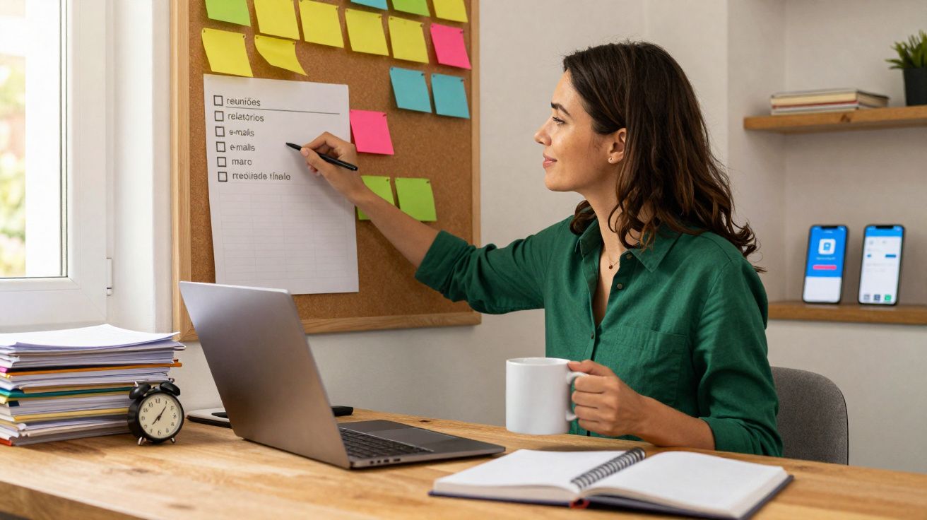 Mulher em escritório com café, escrevendo lista de tarefas e usando laptop em ambiente organizado.