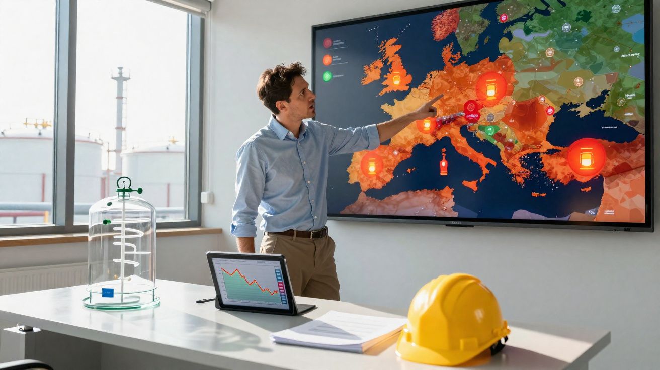 Homem apontando para mapa digital da Europa em tela grande, análise de dados e gráficos em mesa.