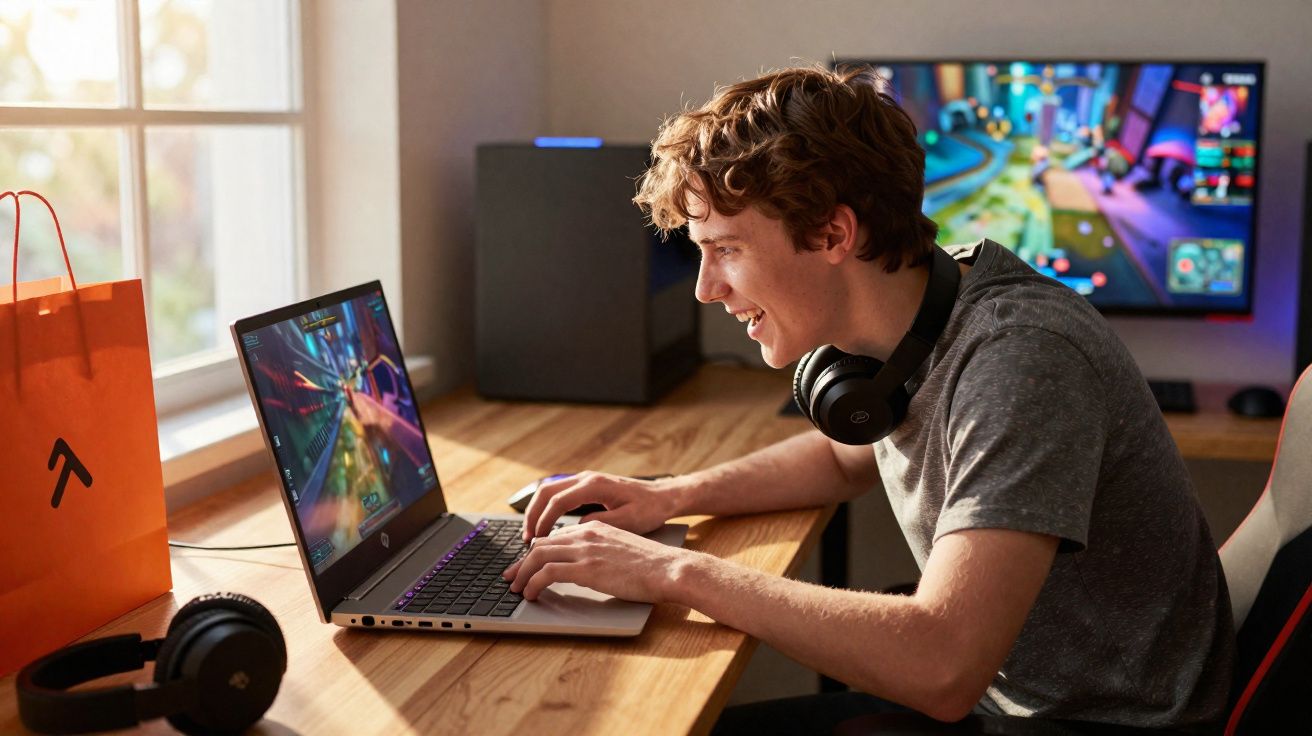 Jovem joga videogame em laptop com fone no pescoço, sentado em mesa de madeira perto de janela.