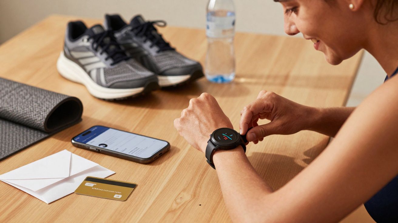 Pessoa ajusta relógio esportivo sentado à mesa com tênis, garrafa de água, celular e cartão.